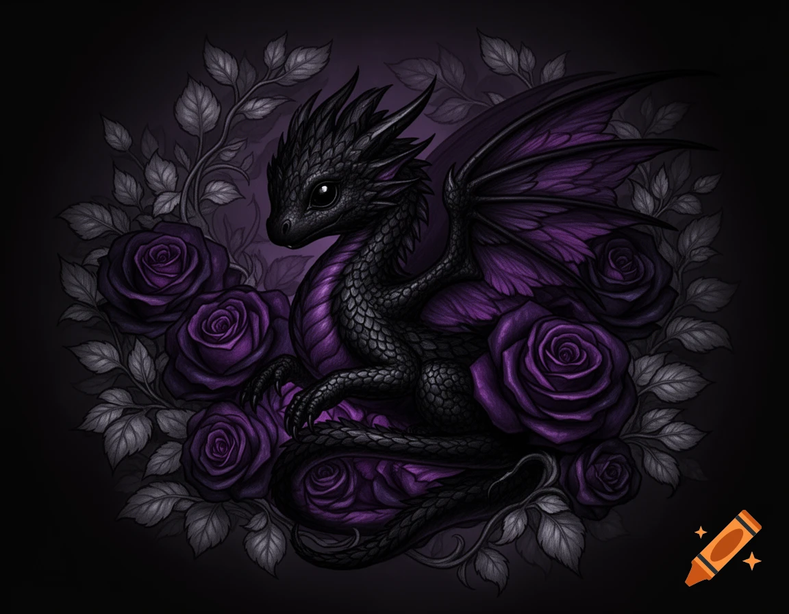 A dark fantasy illustration of a black and purple baby dragon nestled among dark purple roses and gray foliage.