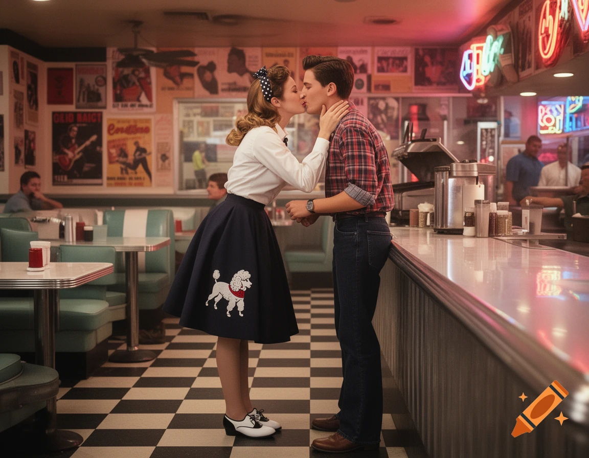 A 1950s style girl in a poodle skirt and saddle shoes kisses a guy in a plaid shirt in a retro diner.