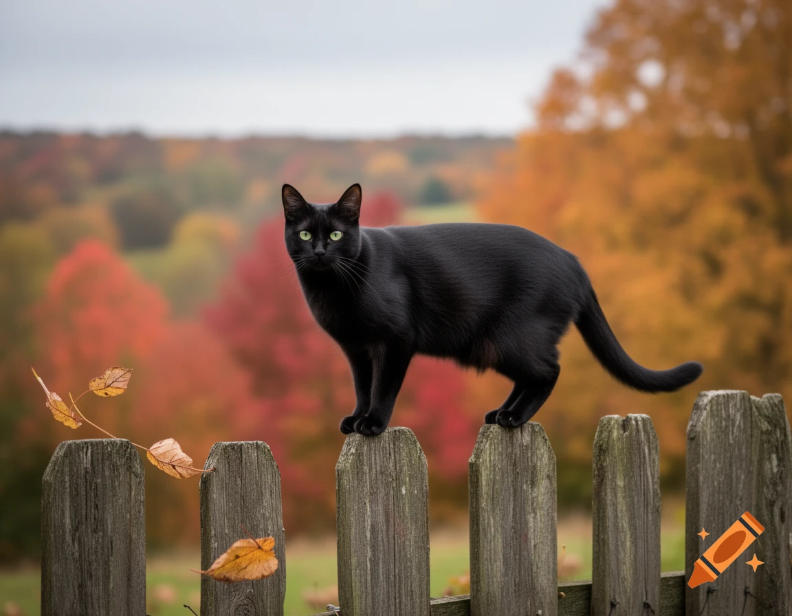 A sleek black cat with green eyes stands alert on a weathered wooden fence, with a vibrant autumn landscape of red and orange trees blurred in the background.