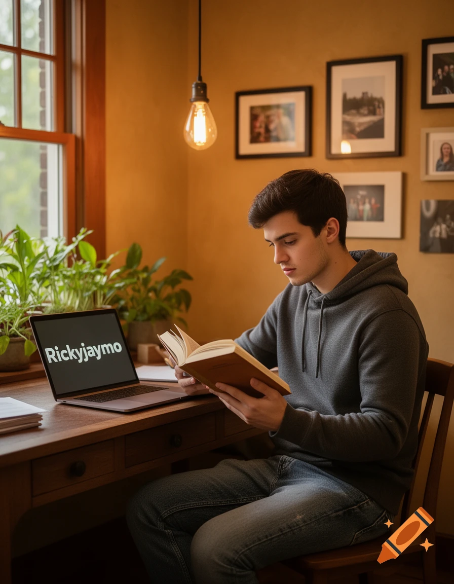 A young man with dark hair reads a book at a wooden desk next to a laptop displaying "Rickyjaymo" by a window with plants.
