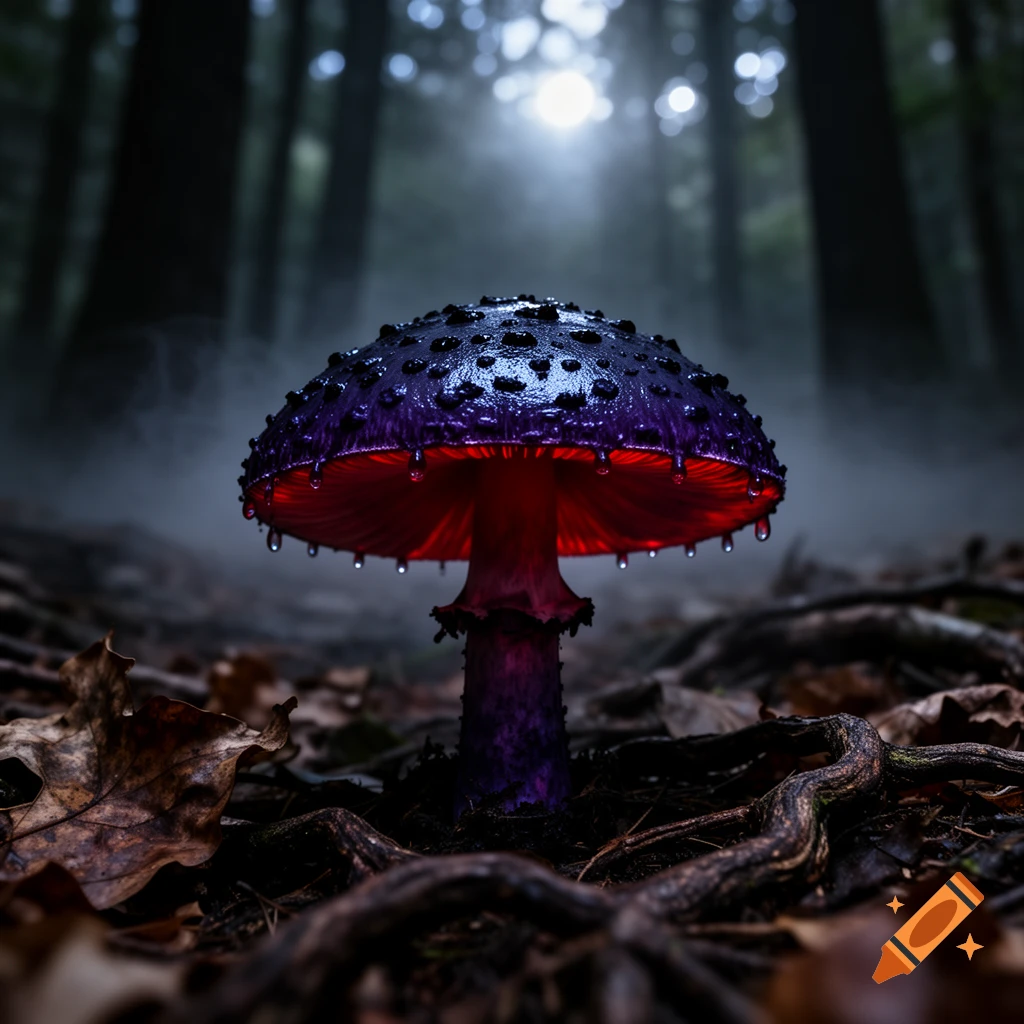 A glowing purple and red mushroom with water droplets on its cap and gills, standing in a misty, dark forest with moonlight filtering through the trees.