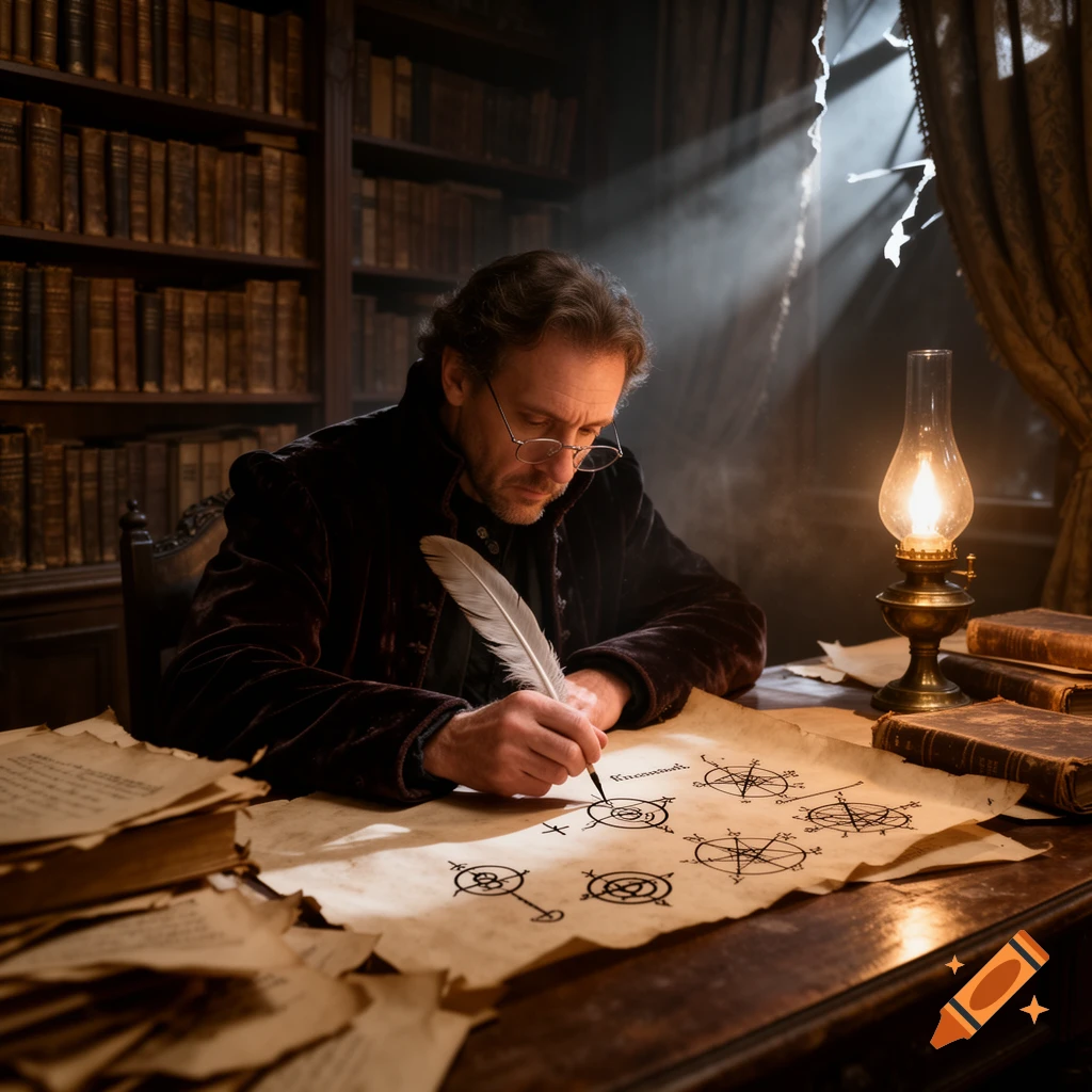 A man in a velvet jacket writes on old paper with a quill, surrounded by bookshelves and an oil lamp in a dimly lit room.