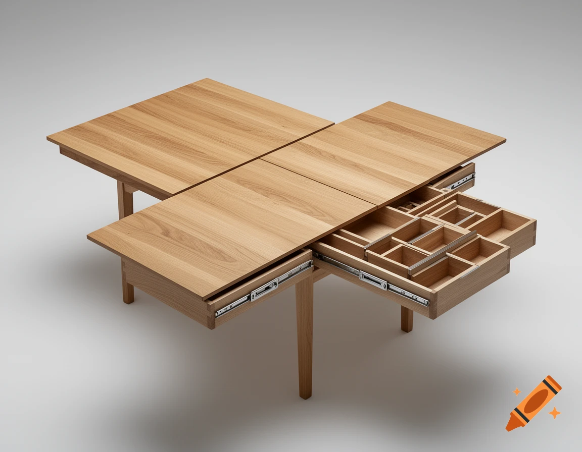 Modern wooden dining table with several drawers and compartments pulled out, showcasing its transformable design.