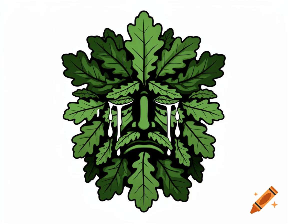 A stylized crying Green Man's face made of dark green oak leaves on a white background, in a stencil art style.