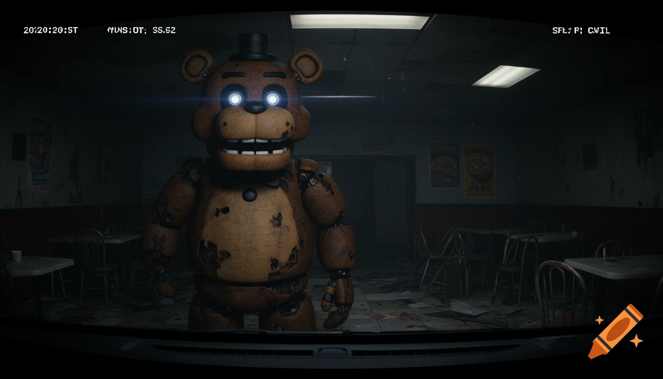 Freddy Fazbear animatronic with glowing eyes in a dark, messy restaurant, viewed through a dashcam perspective with overlaid text.