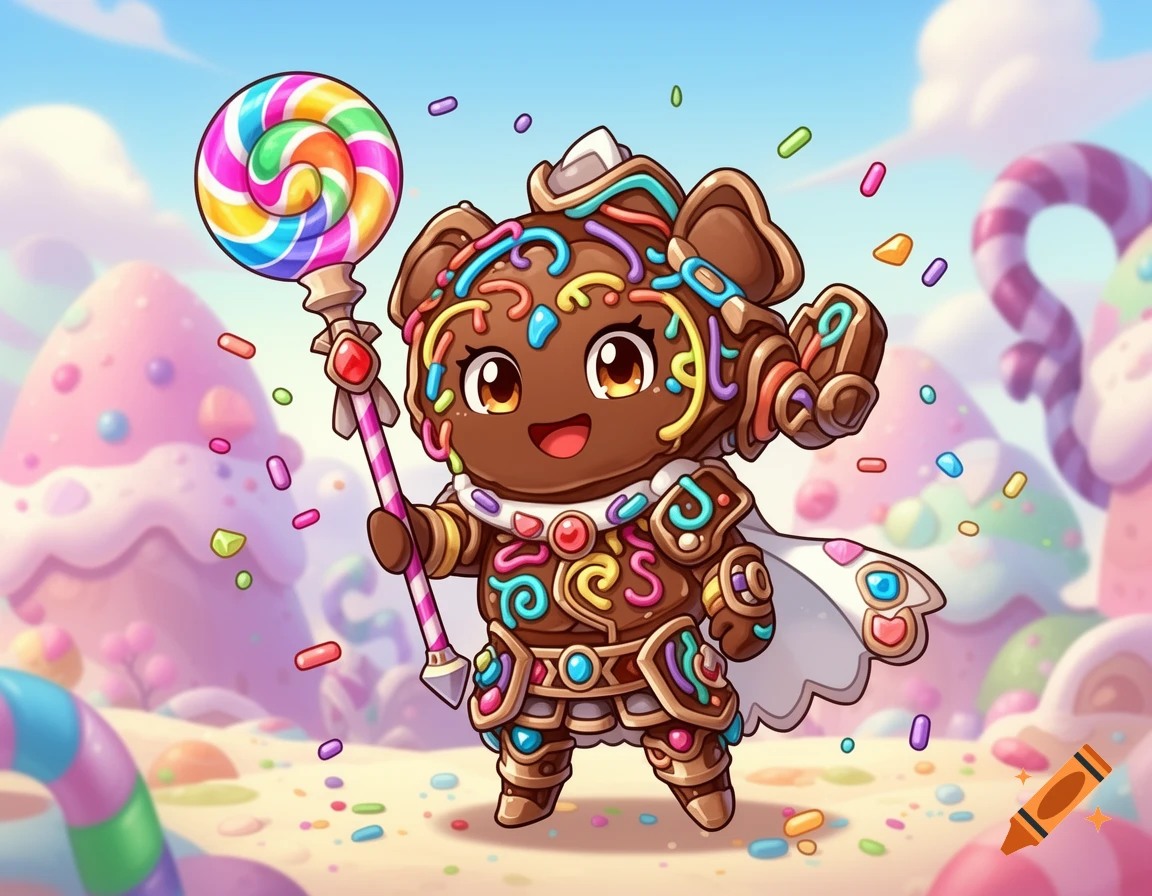 A cute chocolate cookie-like character covered in colorful sprinkles, holding a giant rainbow lollipop in a whimsical candy land.