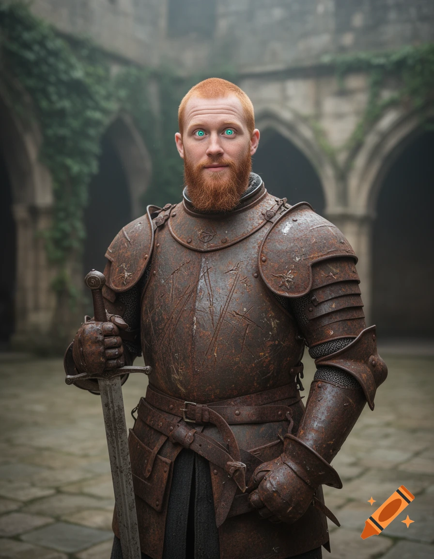 A red-haired knight with turquoise eyes and a beard stands in rusty armor, holding a sword in a stone courtyard.