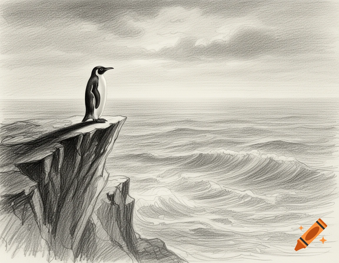 Pencil drawing of a solitary penguin standing on a rugged cliff overlooking a vast, wavy ocean.