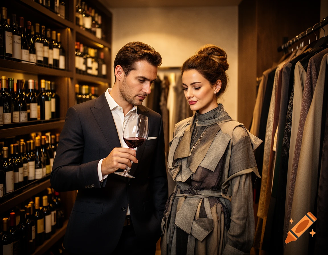 A man in a suit sips wine while a woman in a layered dress stands nearby in a wine cellar and boutique.