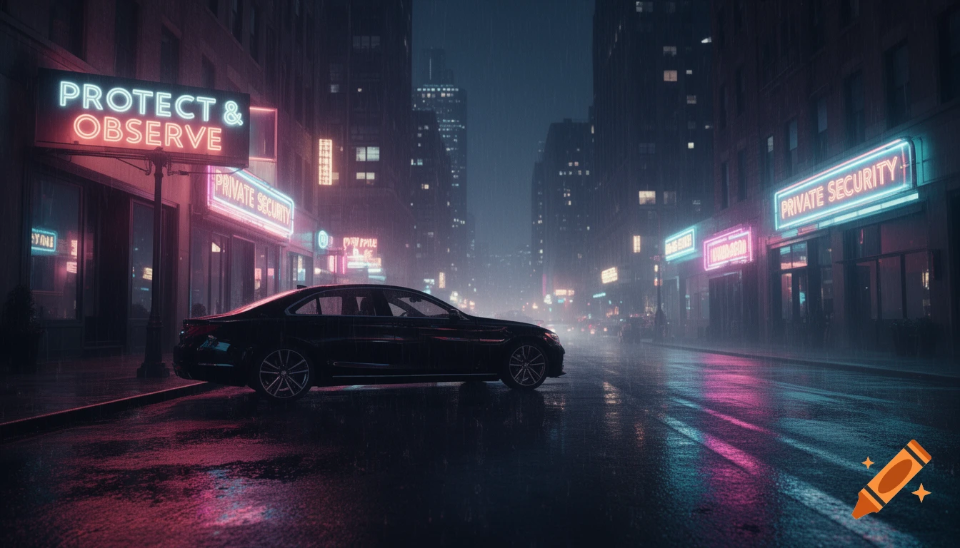 A moody, cinematic, ultra-wide night street scene in a rainy city with neon signs and a dark car.