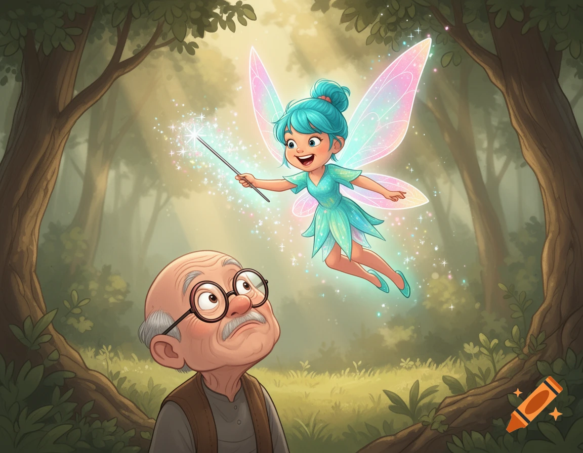 A colorful cartoon illustration of a joyful fairy with a magic wand hovering above a surprised old man with glasses in an enchanted forest.