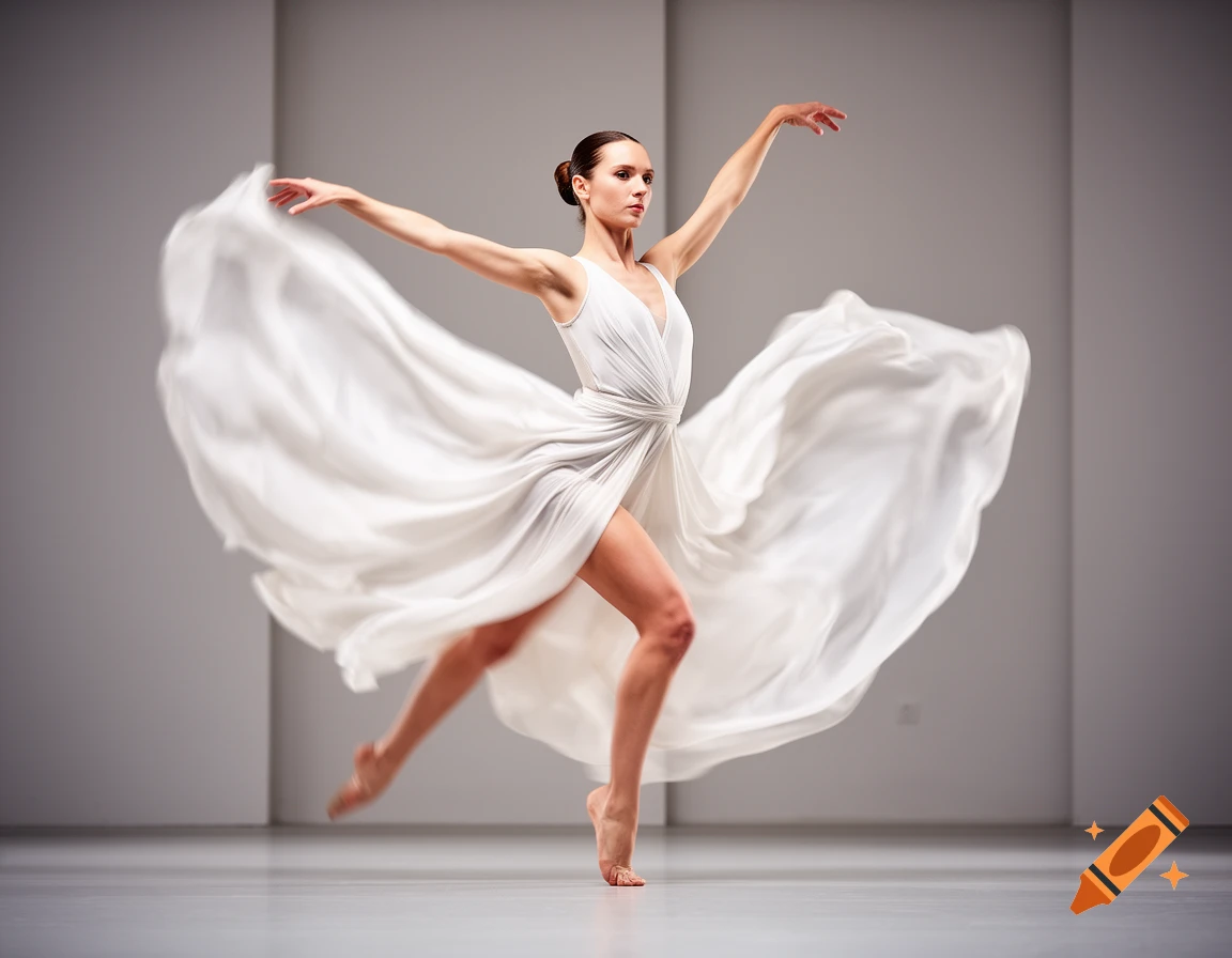 A female dancer in a flowing white dress poses gracefully on a stage with a simple background.