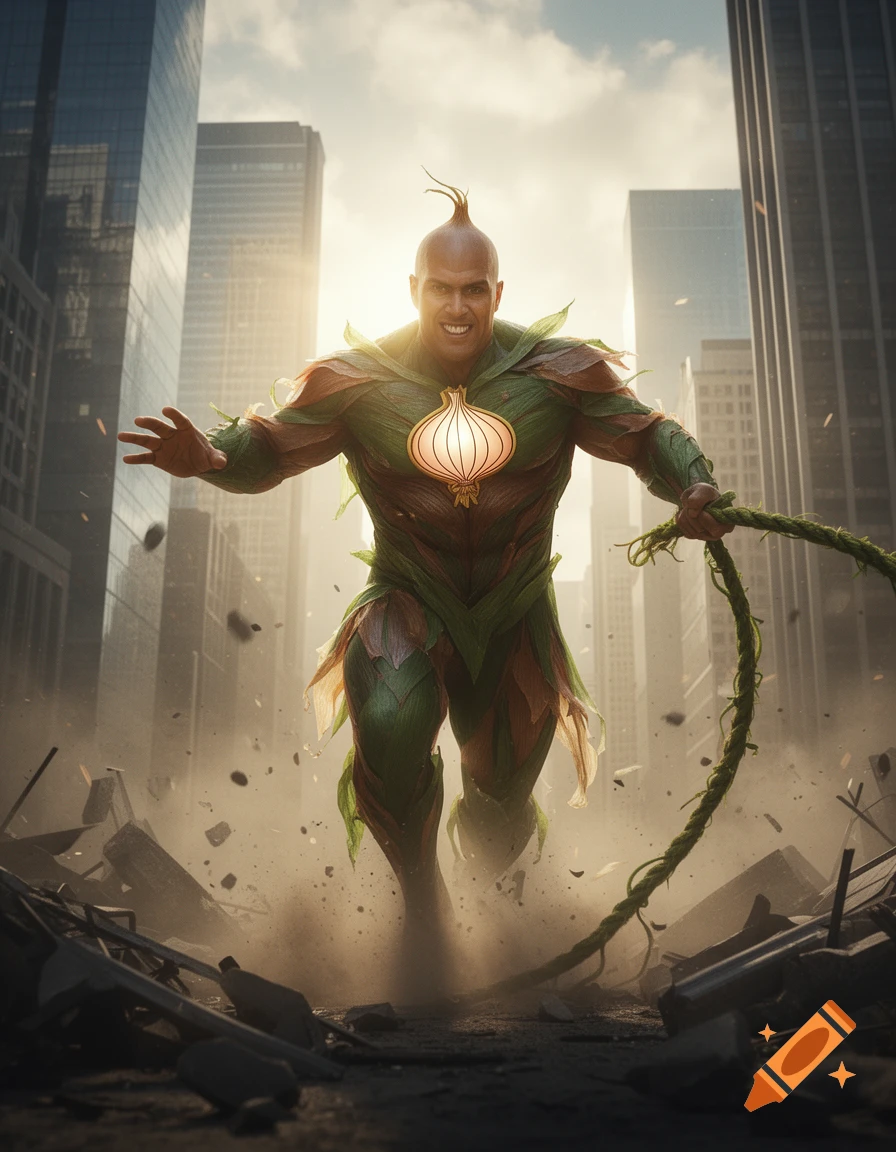 A muscular, bald superhero with an onion-themed costume and glowing chest emblem runs through a dusty, ruined city street, holding a vine. Photorealistic.