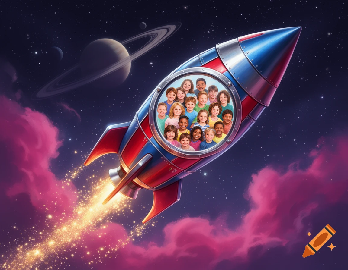 An illustration of a red and blue rocket soaring through space, its window filled with smiling children, leaving a sparkling trail.