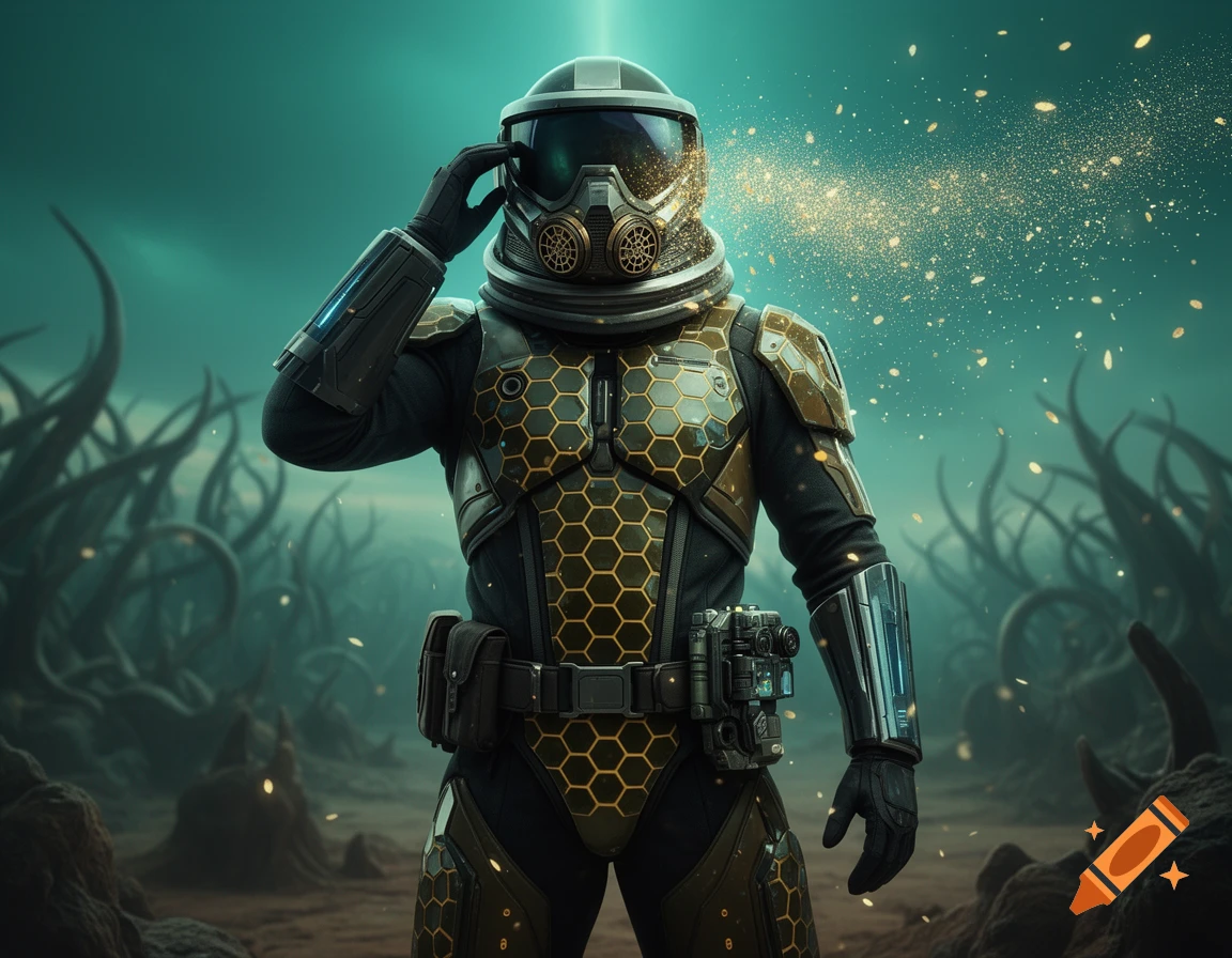A sci-fi bounty hunter in a honeycomb-patterned suit and helmet, surrounded by glowing golden pollen in a desolate, alien landscape.
