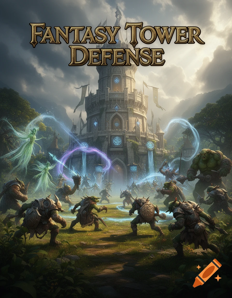A fantasy illustration of a battle in front of a magical tower, featuring orcs, goblins, and mystical spirits, with text "FANTASY TOWER DEFENSE" at the top.