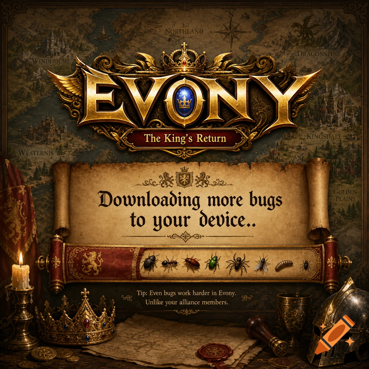 An Evony: The King's Return loading screen parody, featuring a detailed map background, a golden logo, and a scroll with 'Downloading more bugs to your device..' above a progress bar filled with insects. A crown, helmet, and candle are on a wooden table below.