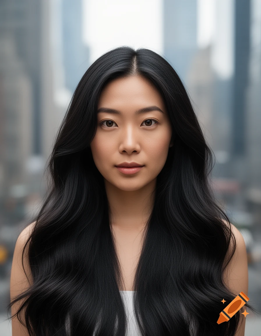 A photorealistic portrait of an Asian woman with long, wavy black hair looking directly at the viewer with a blurred city background.