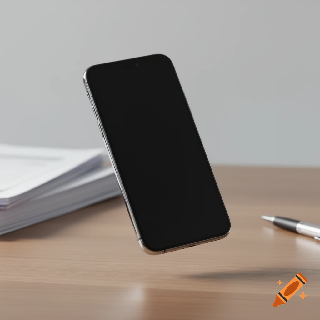 A photorealistic smartphone with a black screen floats above a wooden desk with papers and a pen.