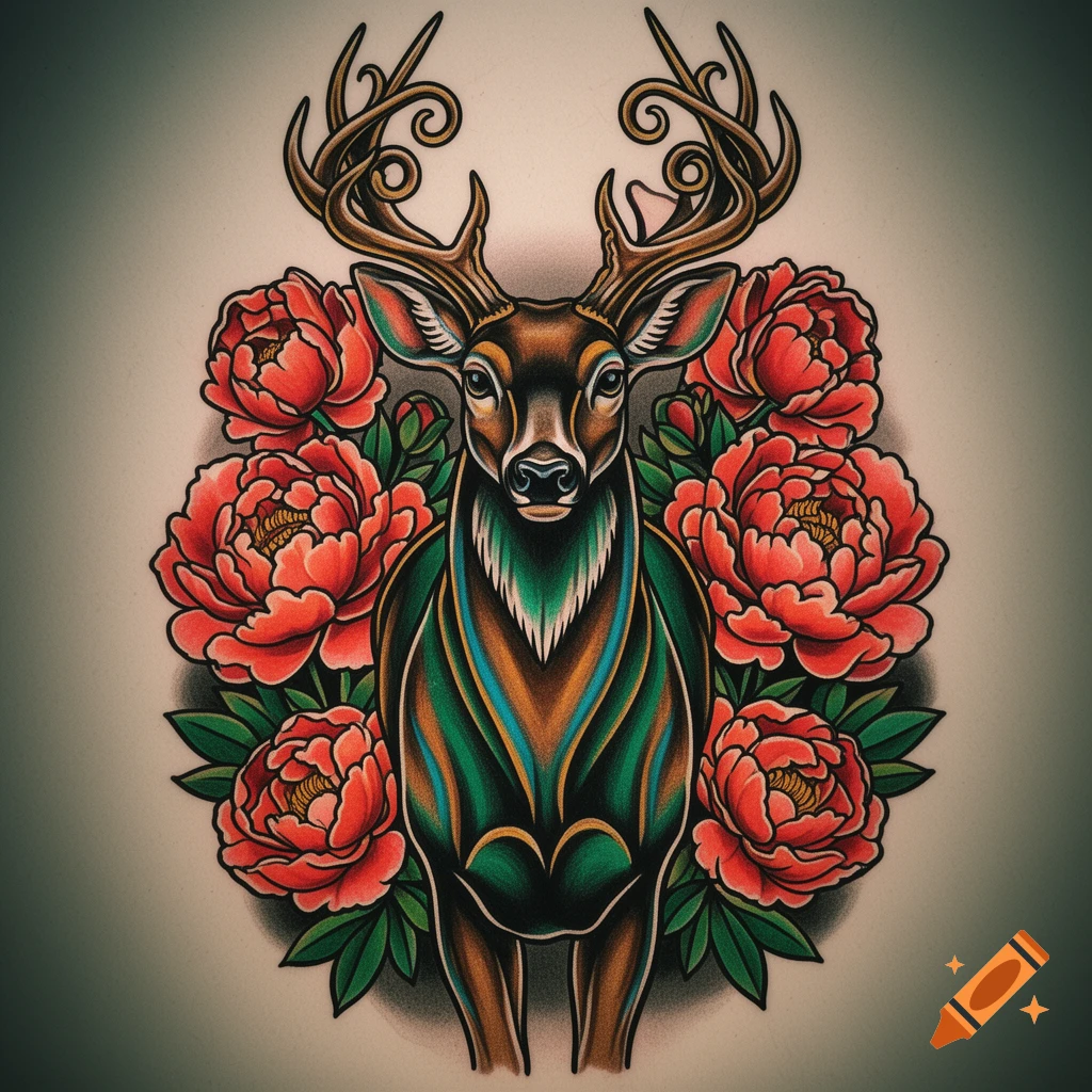 A colorful neo-traditional tattoo style illustration of a deer with large antlers, surrounded by vibrant red peonies.