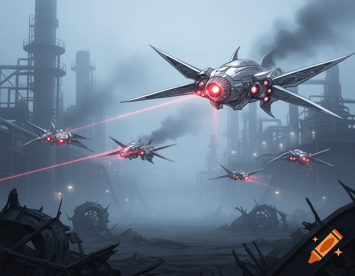 Five detailed futuristic drones with glowing red engines fly through a foggy, ruined industrial landscape, firing red beams.