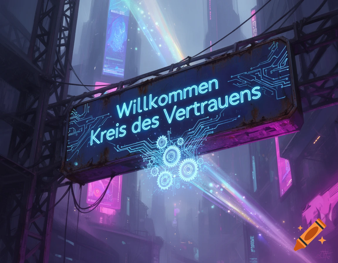 A large neon sign with circuit patterns, reading 'Willkommen Kreis des Vertrauens', hangs over a dark, foggy cyberpunk city.