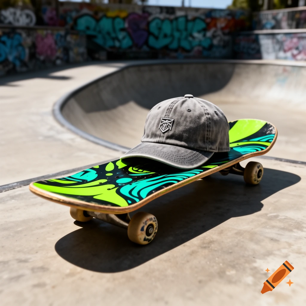 A grey baseball cap rests on a vibrant green and black skateboard in a sunlit concrete skatepark, with graffiti walls in the background.