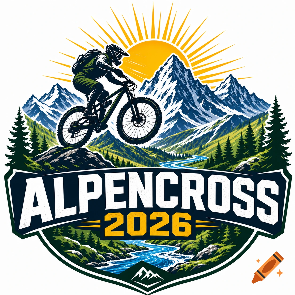 A graphic logo featuring a mountain biker jumping over rocks, set against a backdrop of snow-capped mountains, a bright sun, a winding river, and pine trees. The text 'ALPENCROSS 2026' is prominently displayed at the bottom.