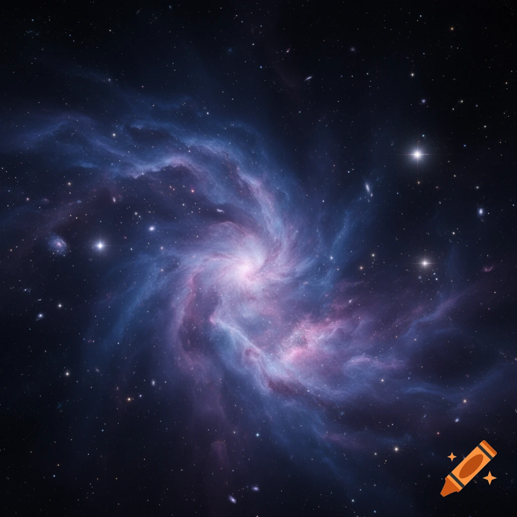 A vibrant spiral galaxy with a bright center, composed of blue and pink nebula clouds, surrounded by numerous stars in deep space.