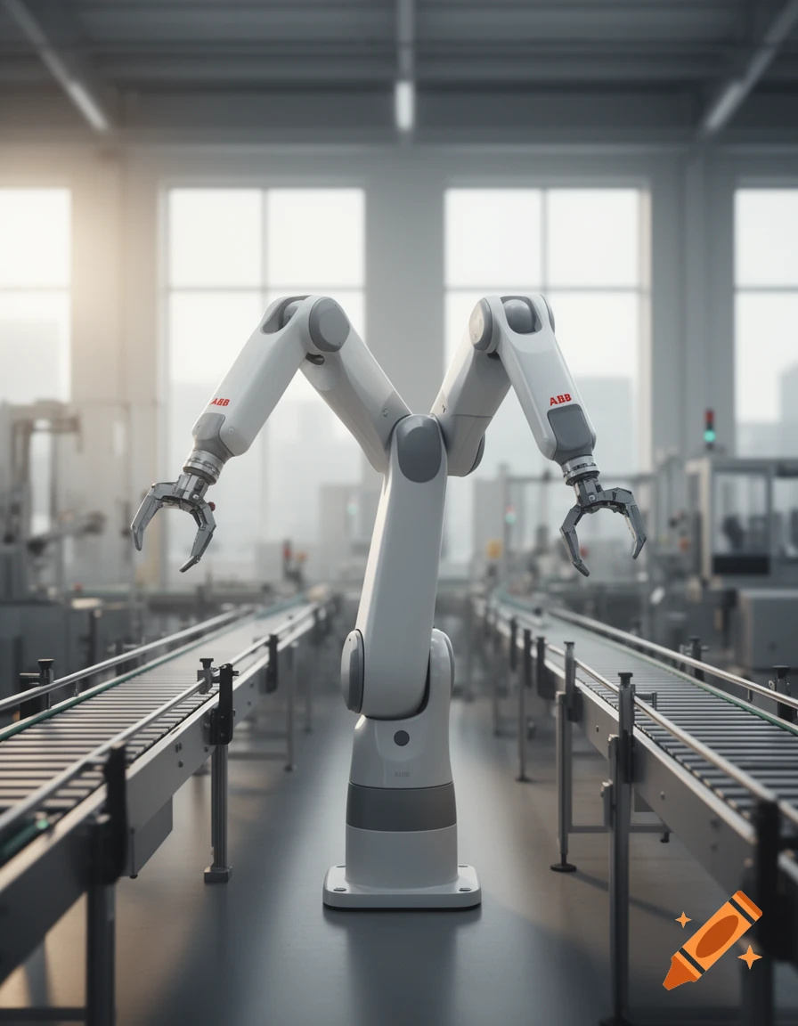 A white ABB YuMi industrial robot stands between two conveyor belts in a modern factory setting.