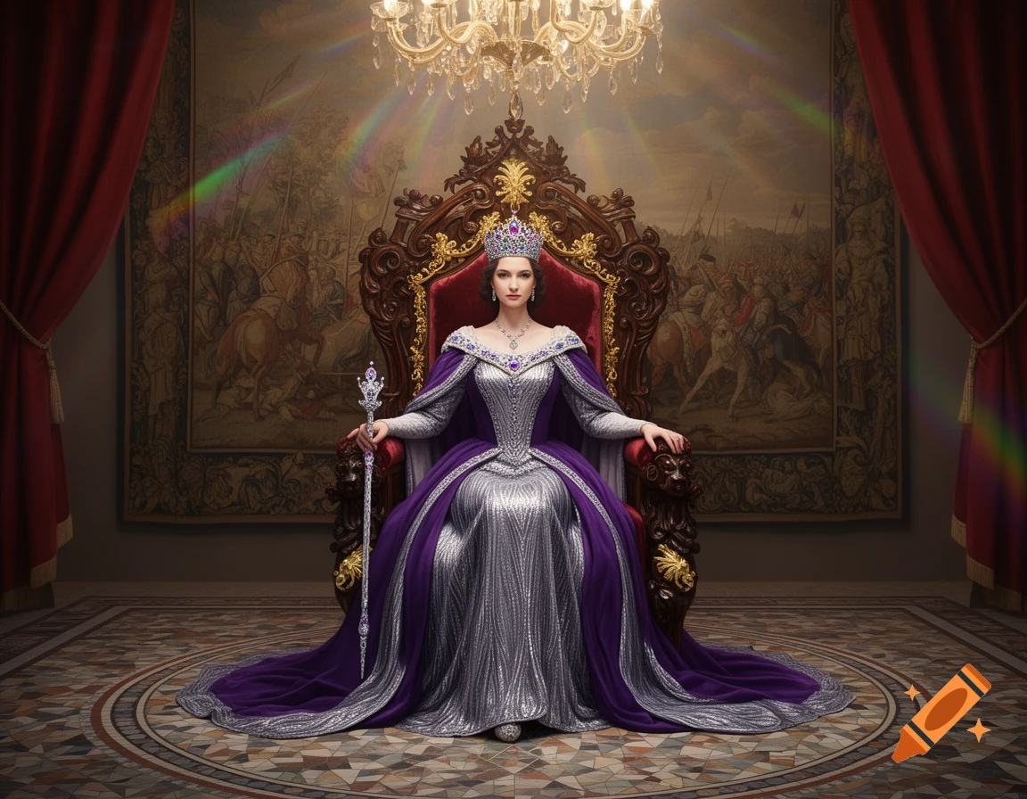 A queen in a silver and purple gown sits on an ornate throne in a grand hall, holding a scepter.