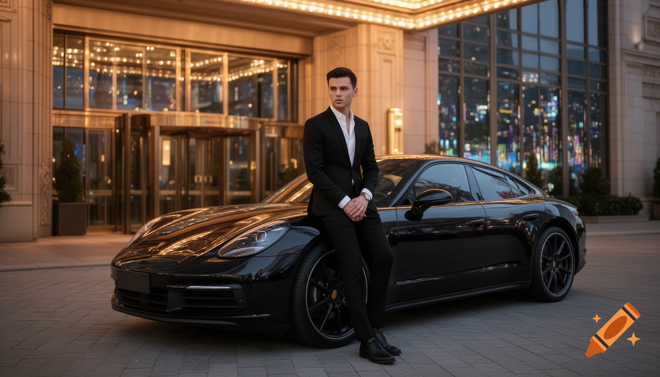A man in a black suit leans on a black Porsche car in front of a luxurious hotel entrance at dusk.