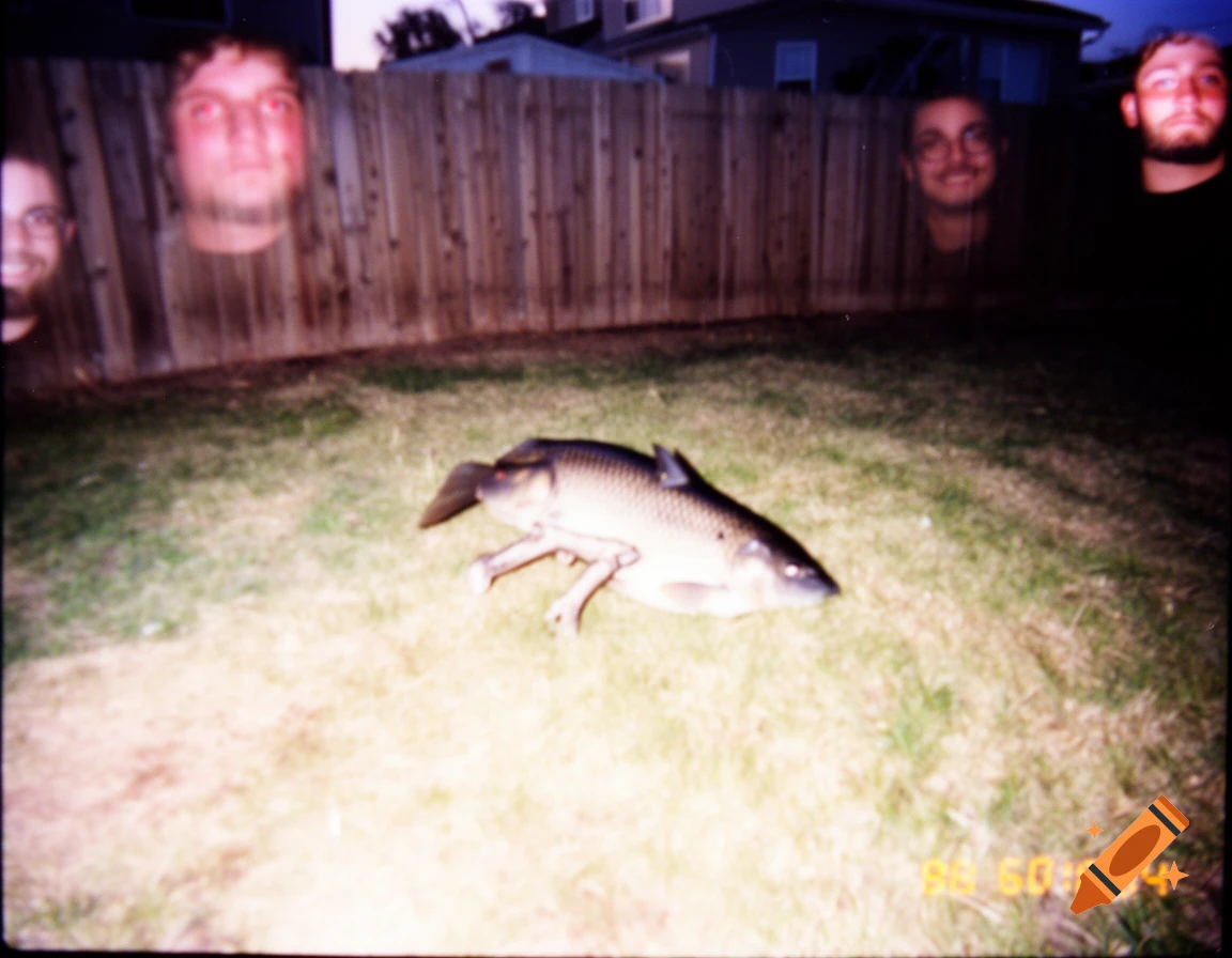 A candid, low-quality photo of a fish with human-like legs on a grassy backyard lawn, with four floating human heads behind a wooden fence in the background.
