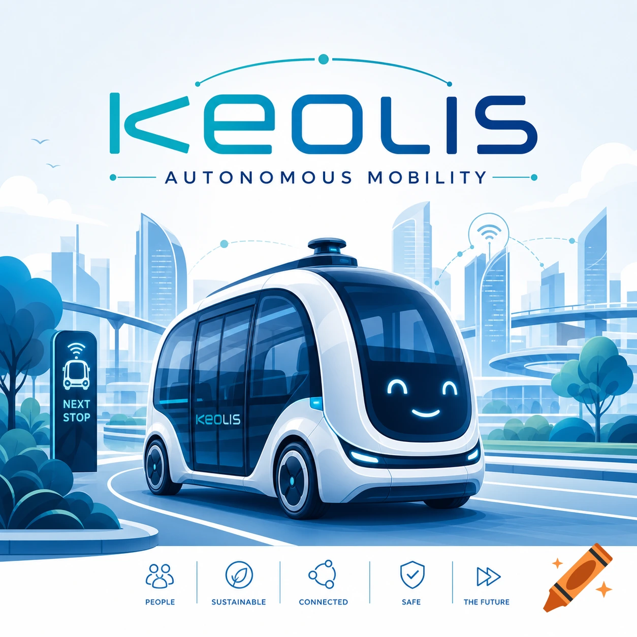 A stylized white autonomous Keolis bus with a friendly face drives through a futuristic city, featuring the 'Keolis Autonomous Mobility' logo and brand values.