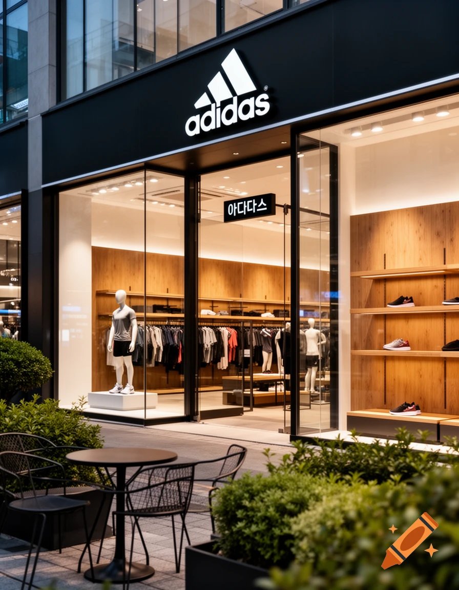 A modern Adidas store storefront with a bright white logo, mannequins displaying clothes, and shelves of shoes, viewed from an outdoor cafe area with green plants.