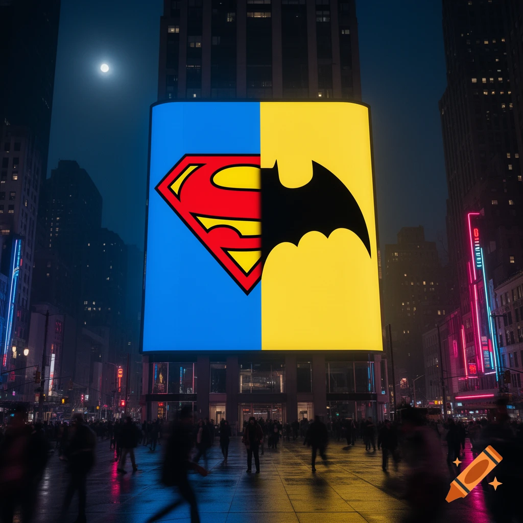 Superman and Batman logos merged on a large illuminated billboard in a bustling city at night, under a full moon.