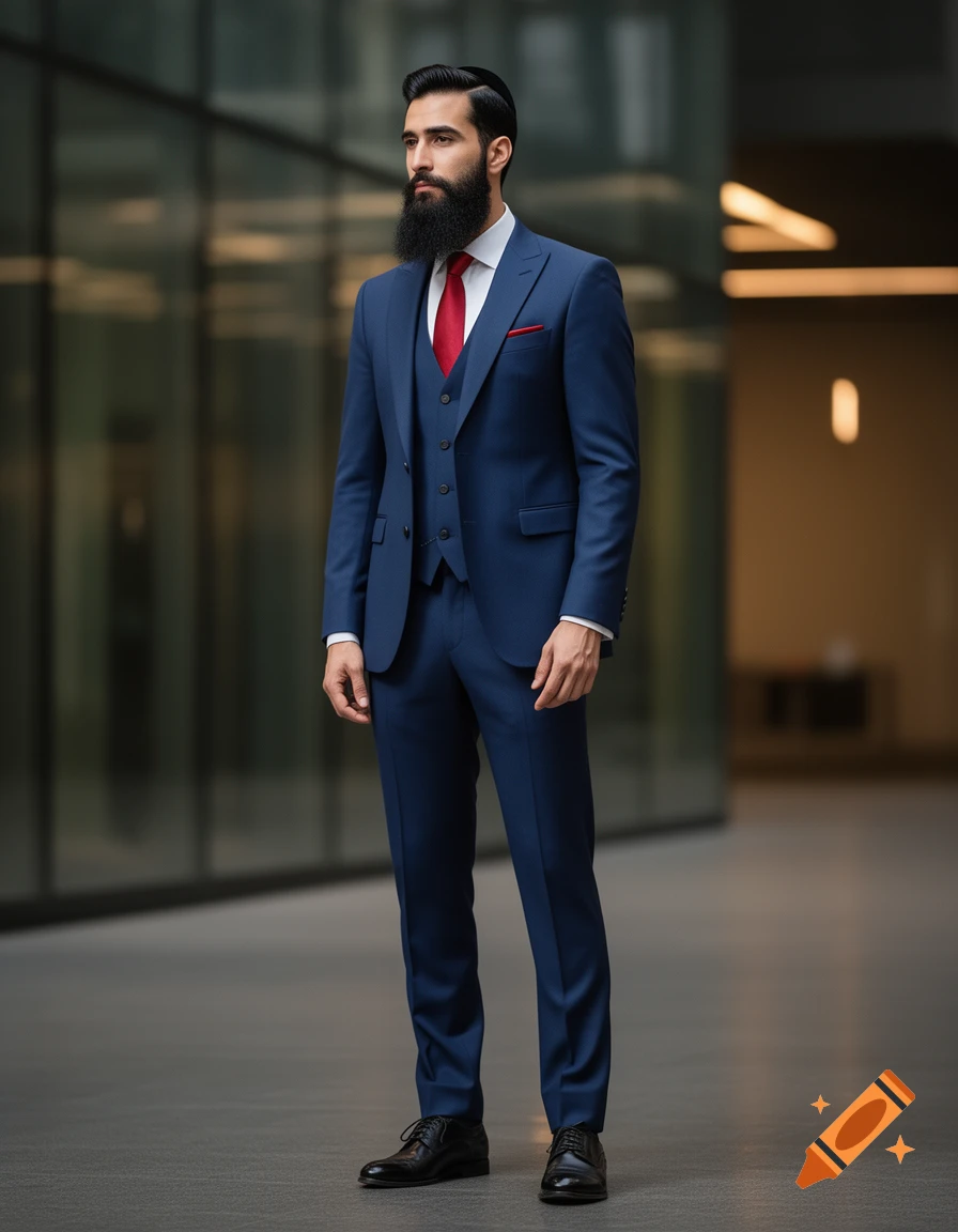 A photorealistic image of a man with a well-groomed beard in a dark blue business suit with a red tie, standing indoors.