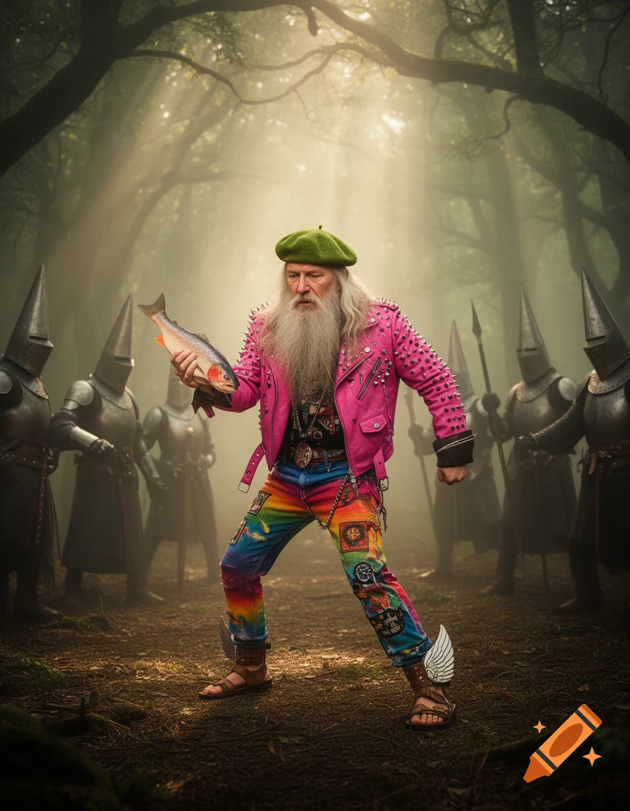 A wizard-like man in a pink studded jacket, green beret, and rainbow pants holds a salmon, facing armored knights in a mystical forest.