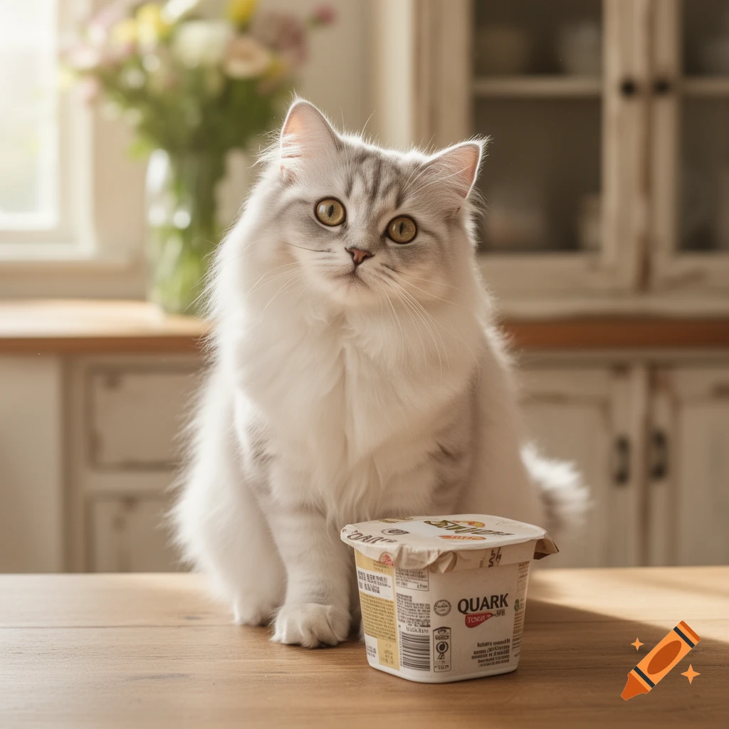 A fluffy white and grey cat with yellow eyes sits on a wooden counter next to a tub of quark in a bright kitchen.