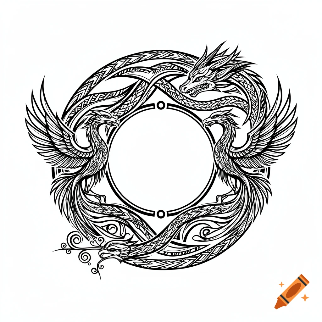 Symmetric black line art of two phoenixes, two dragons, and a serpent in a tribal circular design with a blank center.