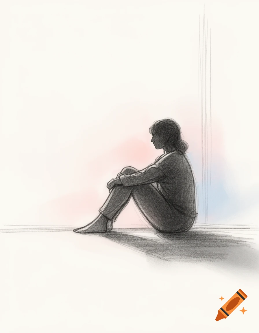 Pencil sketch of a person sitting alone on the floor, seen from the side, looking towards a light background.