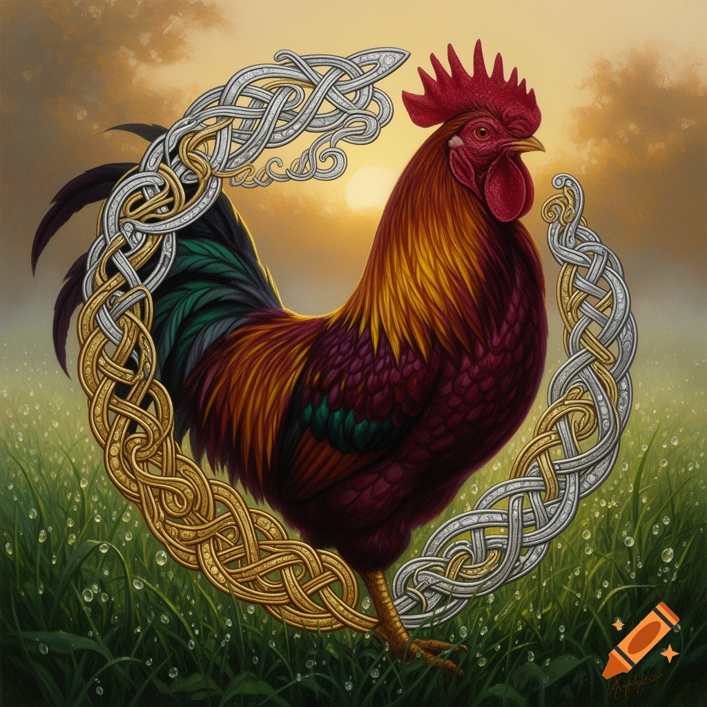 A vibrant rooster with colorful feathers framed by intricate gold and silver Celtic knotwork in a grassy field with a sunrise.