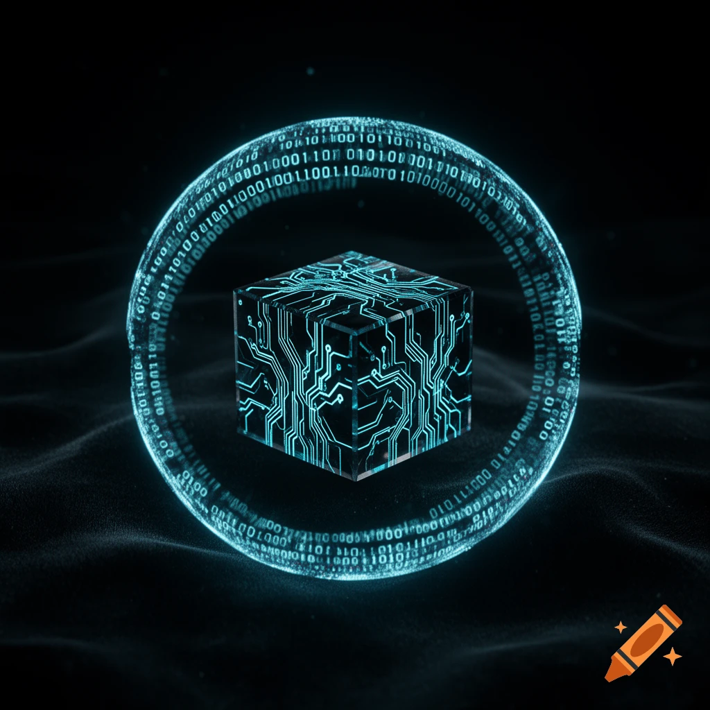 A glowing cyan data cube with circuit patterns floats inside a holographic ring of binary code on a dark, textured background.