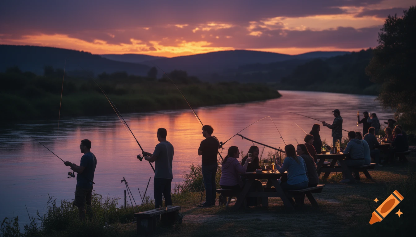 Silhouettes of people fishing and relaxing along a riverbank during a colorful sunset.