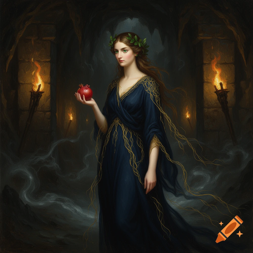 Oil painting of Persephone in a dark cave, wearing a blue dress and leaf crown, holding a red pomegranate, with torches.