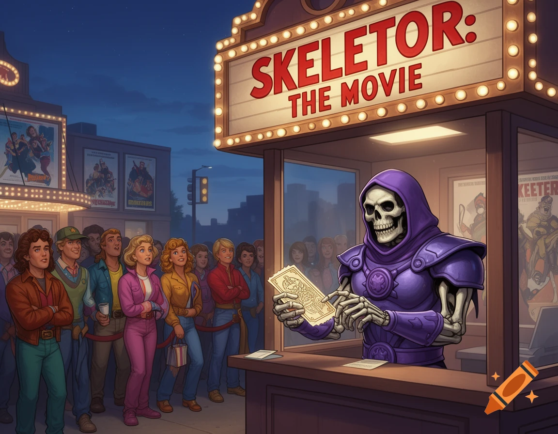 Skeletor in a ticket booth under a marquee reading 'SKELETOR: THE MOVIE', selling tickets to a retro crowd at night.