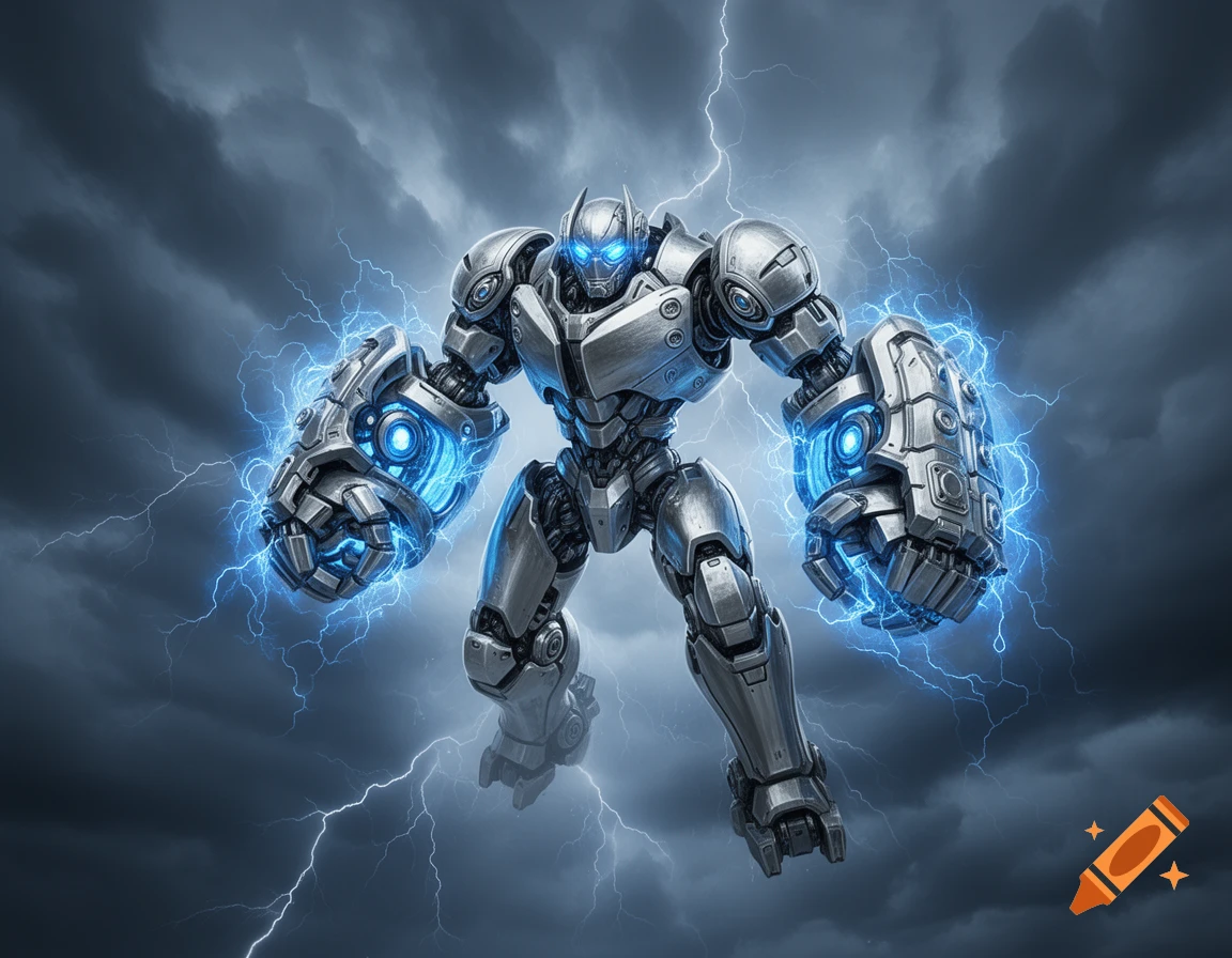 A silver robotic brawler with glowing blue eyes and energy gauntlets crackling with electricity, against a stormy sky, digital art.