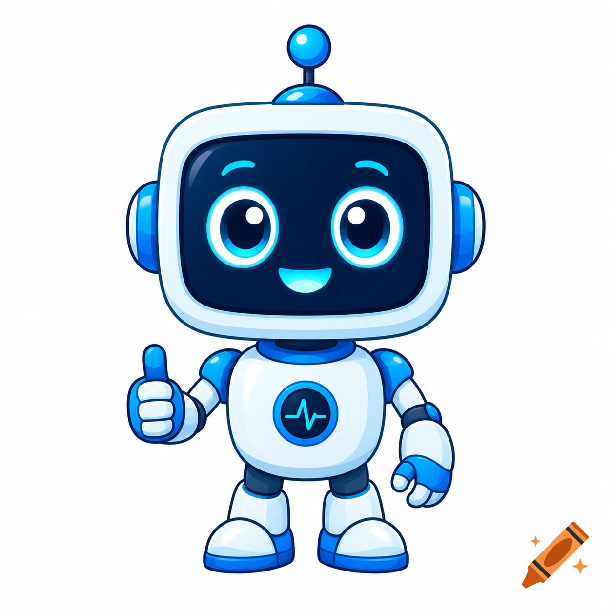 A friendly blue and white cartoon robot with glowing eyes gives a thumbs-up.