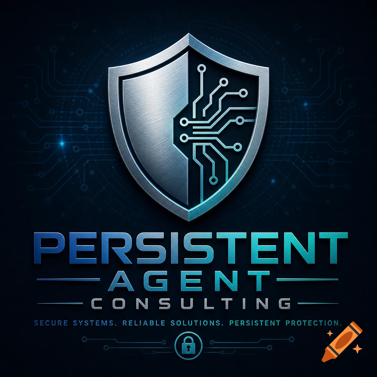 Metallic shield logo with circuit board design for Persistent Agent Consulting, on a dark blue tech background.