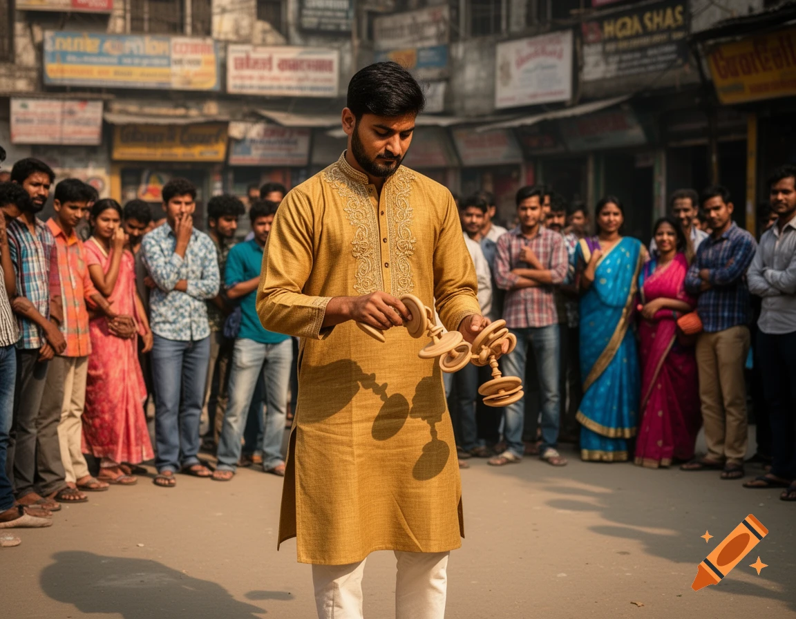 A man in a gold kurta holds wooden instruments, facing a crowd on a bustling street lined with shops.